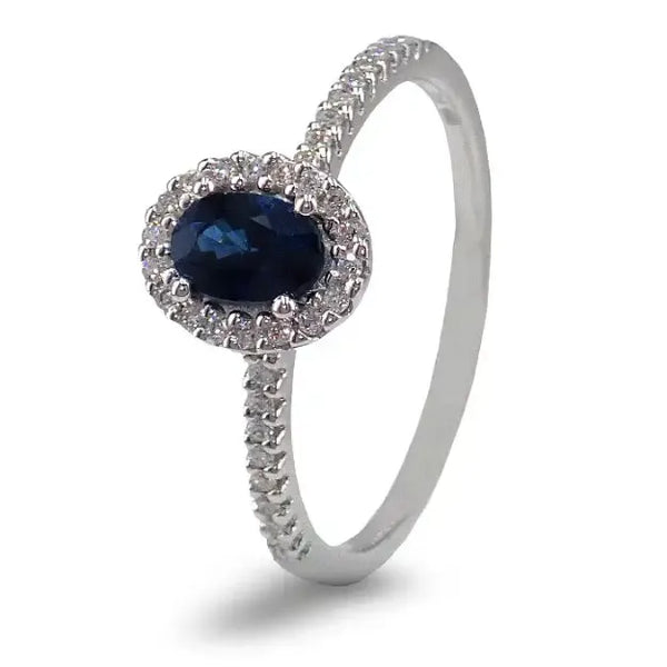 Halo diamantring i hvitt gull 14 kt med 0,14 ct W-Si & safir - bur573194